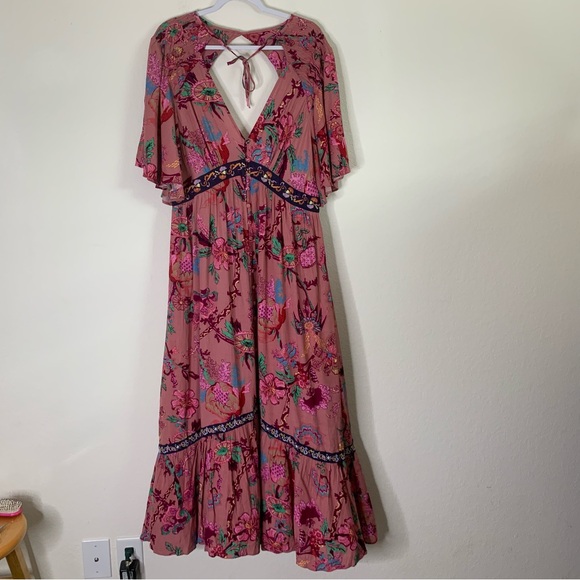Anthropologie Womens pink ruffle embroidered flutter sleeve maxi dress XL - Picture 2 of 13